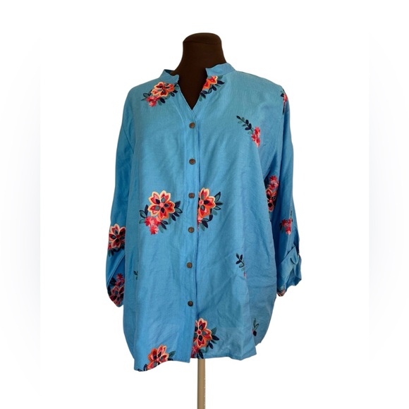 Kindred by Anthropology Embroidered Floral Front Button Shirt Plus Size - Picture 1 of 11